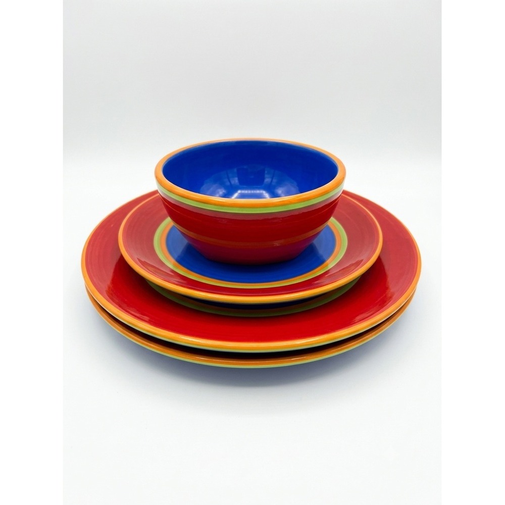 Dansk Handpaints Dinnerware Set 3 Pc Red Blue Striped 2 Plates 1 Bowl Spain